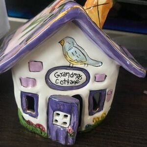Grandma's Cottage Ceramic Art Piece - Purple and White.   Blue sky w/bottom